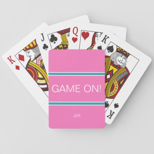 GAME ON Quote Cute Custom Monogram Pink Turquoise  Playing Cards