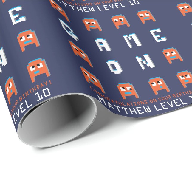 Game on retro alien gamers orange custom birthday wrapping paper (Roll Corner)