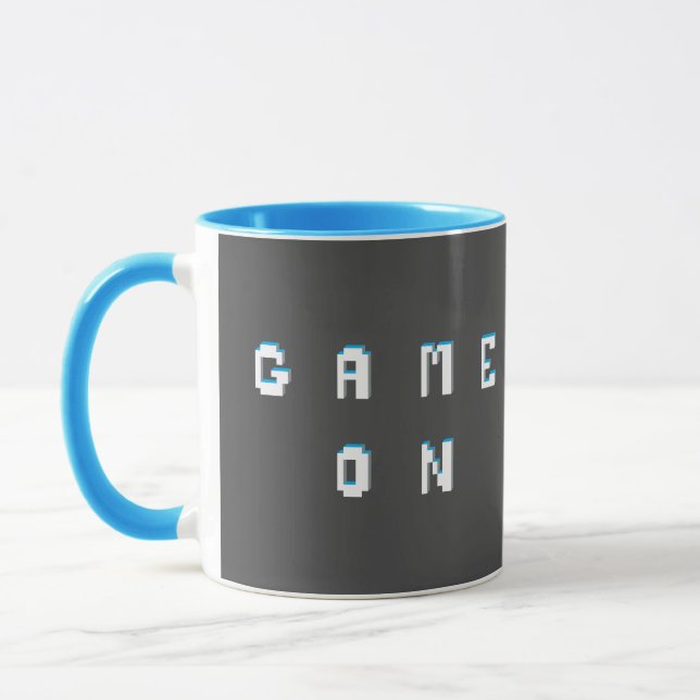 Game on retro pixel style text graphic mug (Left)