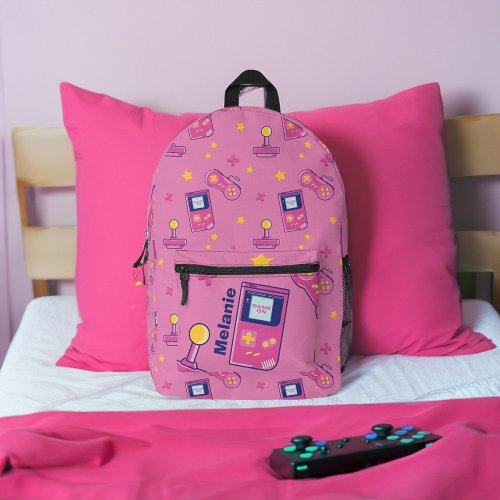 Game On Retro Vintage Video Game Pattern Pink Printed Backpack