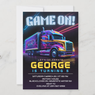Game on Truck Birthday Party Invitation