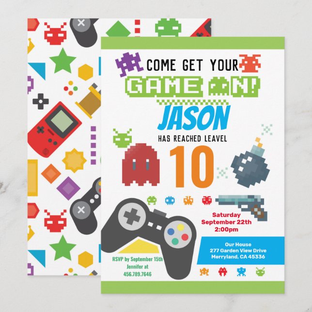 Game On Video Game Birthday Party Invitation (Front/Back)