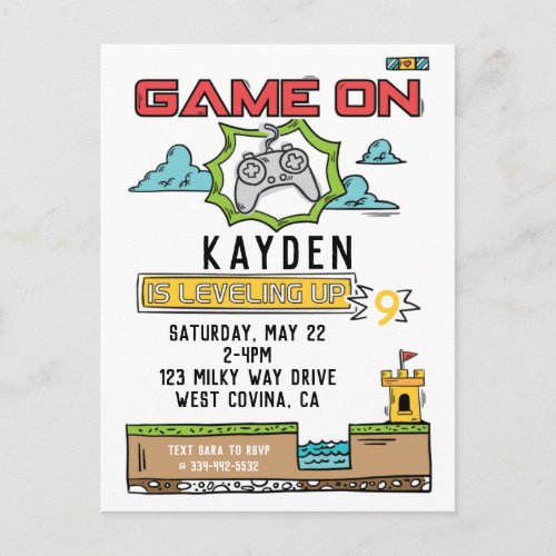 Game On Video Game Birthday Postcard Invitation