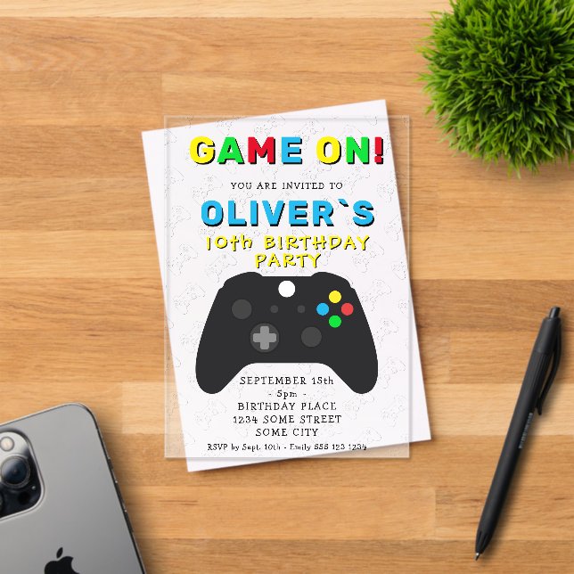 Game On Video Game Controller Gaming Birthday Acrylic Invitations (Insitu (Invitation Card))