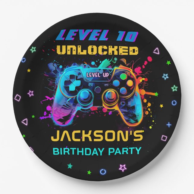 Game On Video Game Level Up Birthday Party Paper Plates (Front)