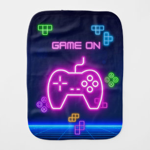Game on video neon gamer green, pink, blue baby burp cloth