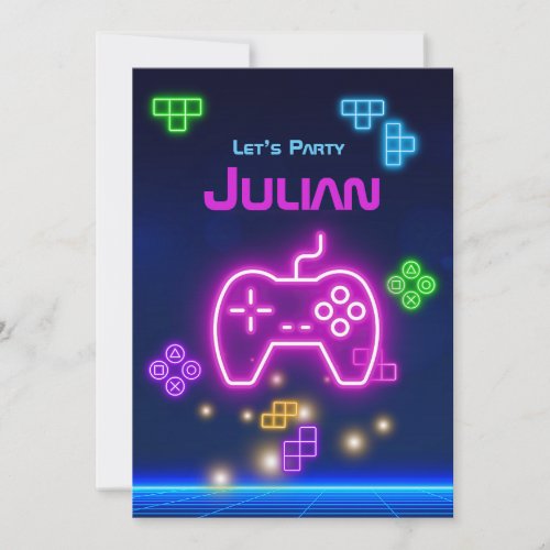 Game on video neon gamer green pink blue invitation