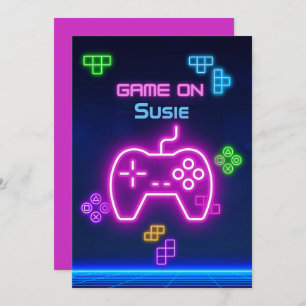 Game on video neon gamer green, pink, blue invitation