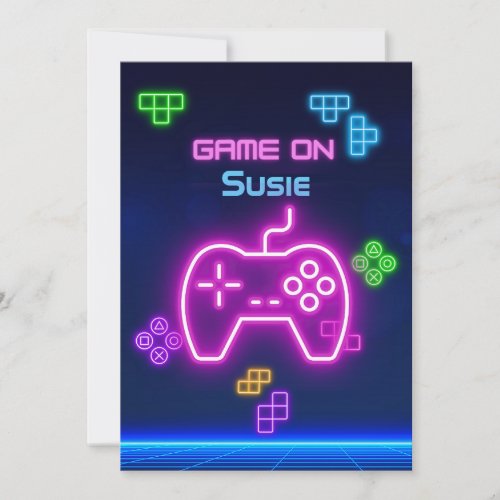 Game on video neon gamer green pink blue invitation