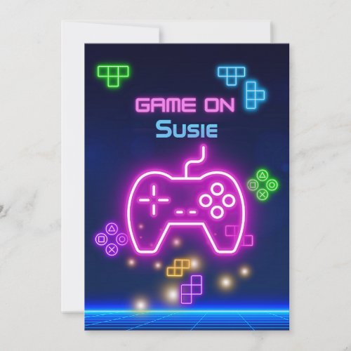 Game on video neon gamer green pink blue invitation