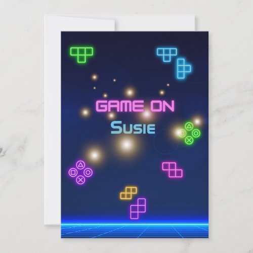 Game on video neon gamer green pink blue invitation