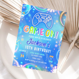 Game On Videogame Arcade VR Neon Boy Birthday Invitation