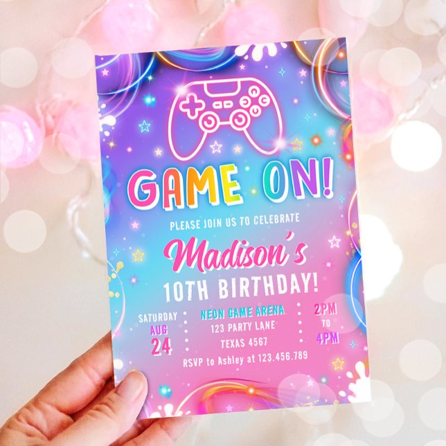 Game On Videogame Arcade VR Neon Girl Birthday Invitation (Creator Uploaded)