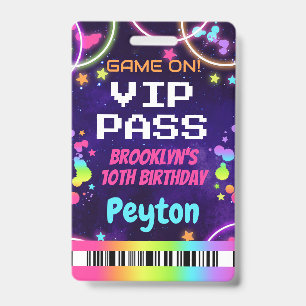 Game On VIP Pass for Girls Arcade Party Badge