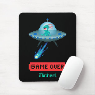 'Game Over' Alien Flying UFO Spaceship, Pixel Art Mouse Pad