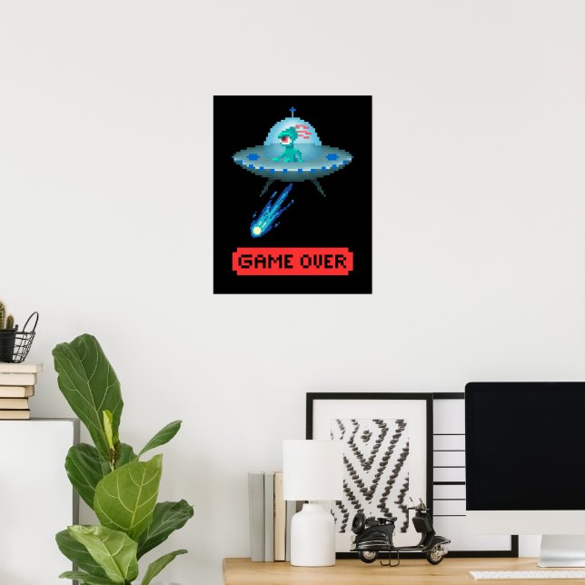 'Game Over' Alien Flying UFO Spaceship, Pixel Art Poster (Home Office)