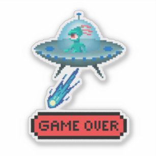 'Game Over' Alien Flying UFO Spaceship, Pixel Art Sticker