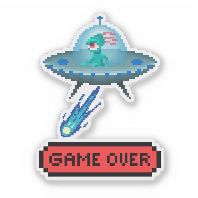 'Game Over' Alien Flying UFO Spaceship, Pixel Art Sticker (Front)