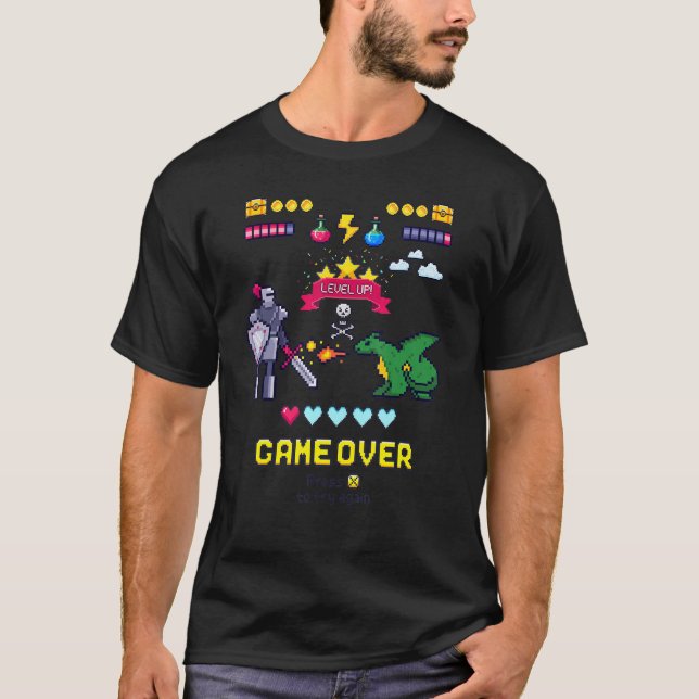 Game Over & Enjoy Retro Fighting Pixel Games Graph T-Shirt (Front)
