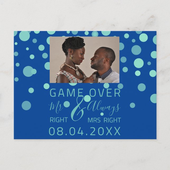 Game Over Funny Save The Date Wedding Blue Photo Postcard (Front)