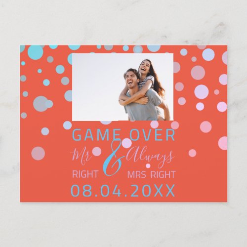 Game Over Funny Save The Date Wedding Coral Photo Postcard