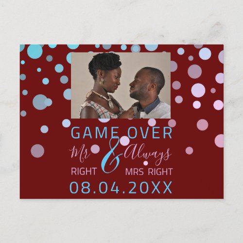 Game Over Funny Save The Date Wedding Maroon Photo Postcard