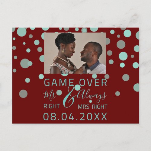 Game Over Funny Save The Date Wedding Maroon Photo Postcard