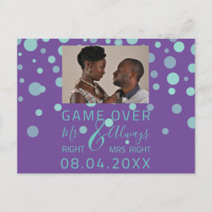 Game Over Funny Save The Date Wedding Purple Photo Postcard