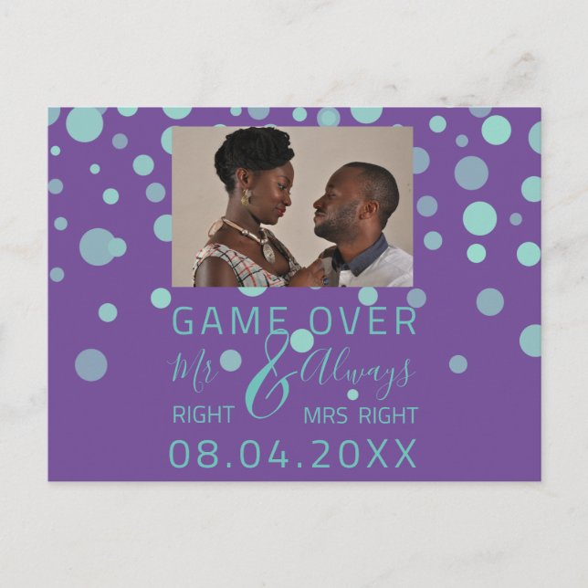 Game Over Funny Save The Date Wedding Purple Photo Postcard (Front)