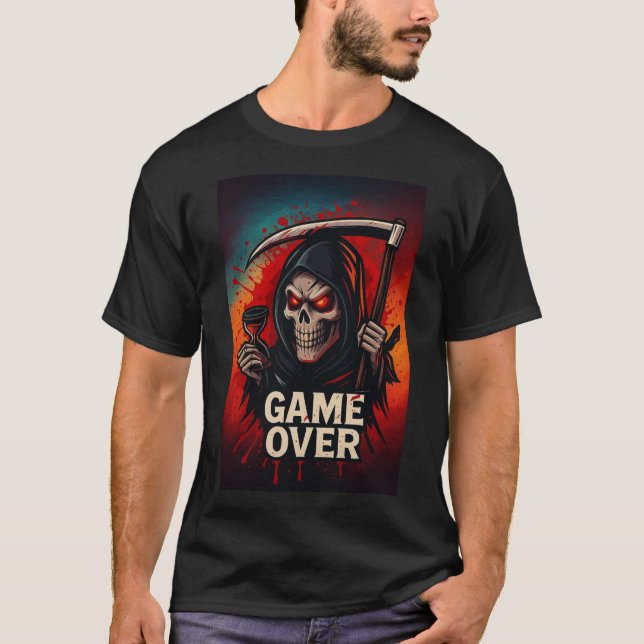 Game Over Grim Reaper Skull – Dark Horror Gaming  T-Shirt (Front)