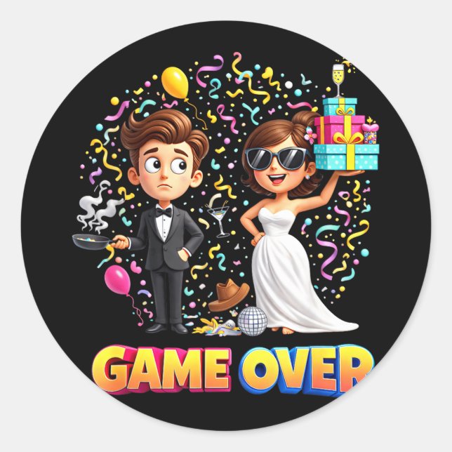 Game-over groom bride wedding bachelor classic round sticker (Front)