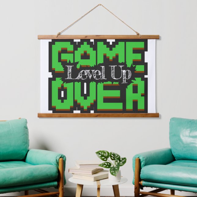 Game Over, Level Up: Pixelated Retro Game World Hanging Tapestry (Living Room)
