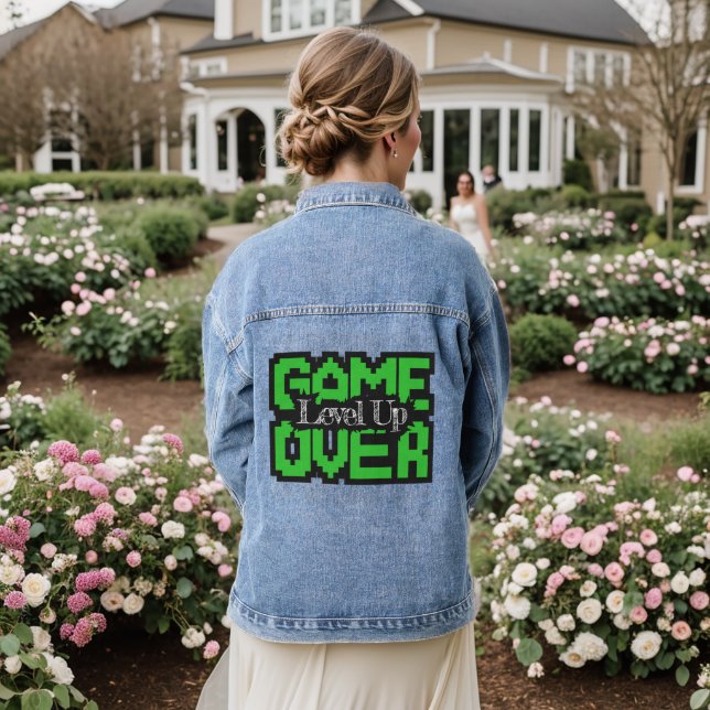 Game Over, Level Up: Retro Pixel Sandbox Adventure Denim Jacket (Wedding Back)