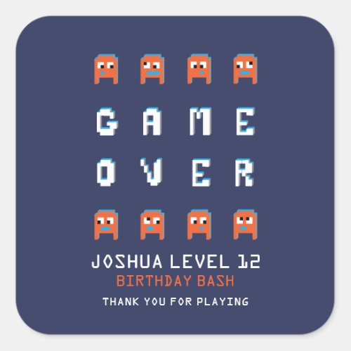 Game over monster aliens birthday party thank you square sticker