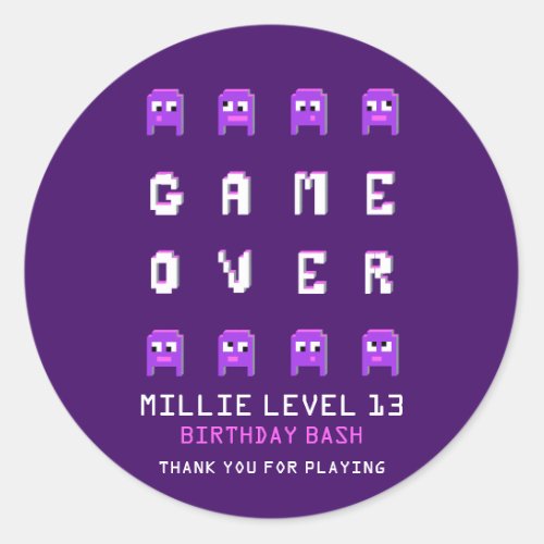 Game over monster purple birthday party thank you classic round sticker