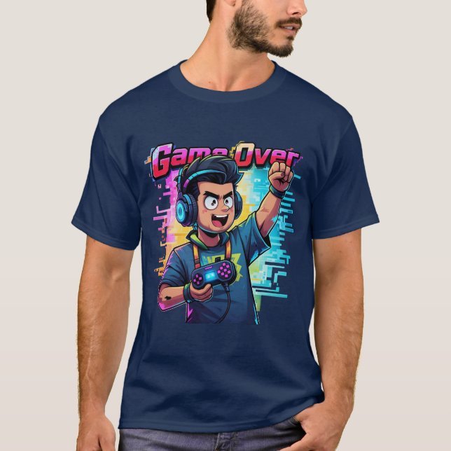 Game Over Neon Glitch T-Shirt Retro Gamer tshirt  (Front)
