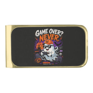 Game Over Never Funny Gamer Ghost Halloween Gold Finish Money Clip