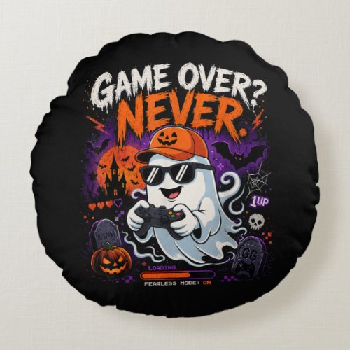 Game Over Never Funny Gamer Ghost Halloween Round Pillow