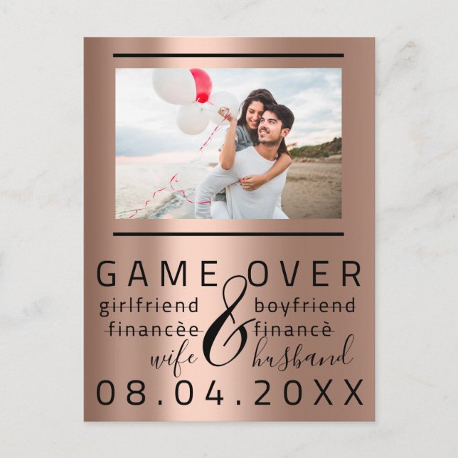 Game Over Skinny Funny Save The Date Couple Photo Postcard (Front)