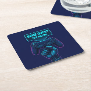Game Over? Try Again! – Cool Futuristic Gamer Square Paper Coaster