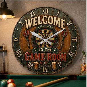 Game Room Dartboard Rustic Pub Bar Decor Large Clock