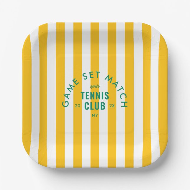 Game Set Match Après Tennis Club Yellow Stripe Paper Plates (Front)