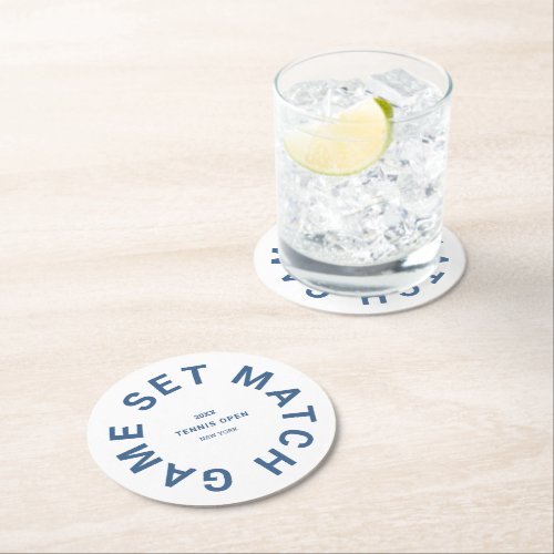 Game Set Match Blue Tennis Tournament Crest Round Paper Coaster