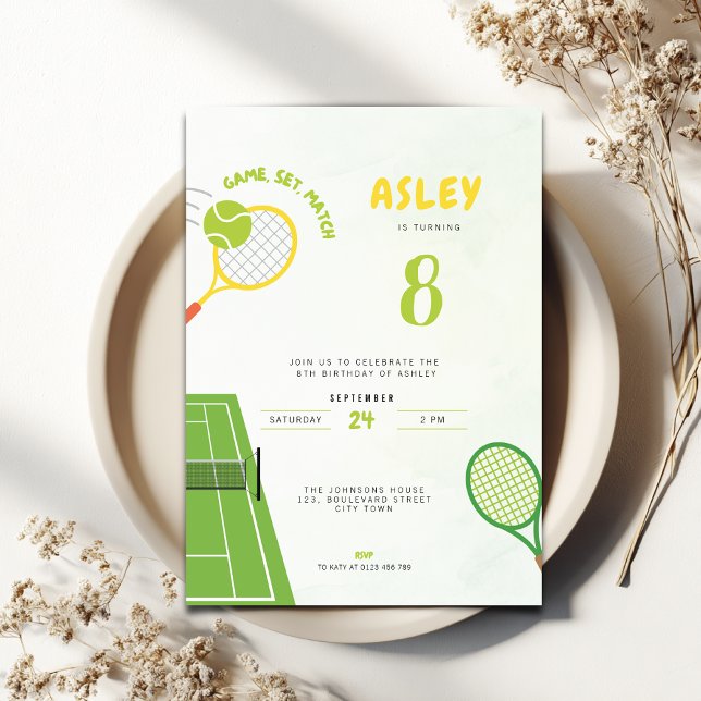 Game, Set, Match Tennis Party Trendy 8th Birthday Invitation (Tennis Themed 8th birthday invitation for boys and girls)