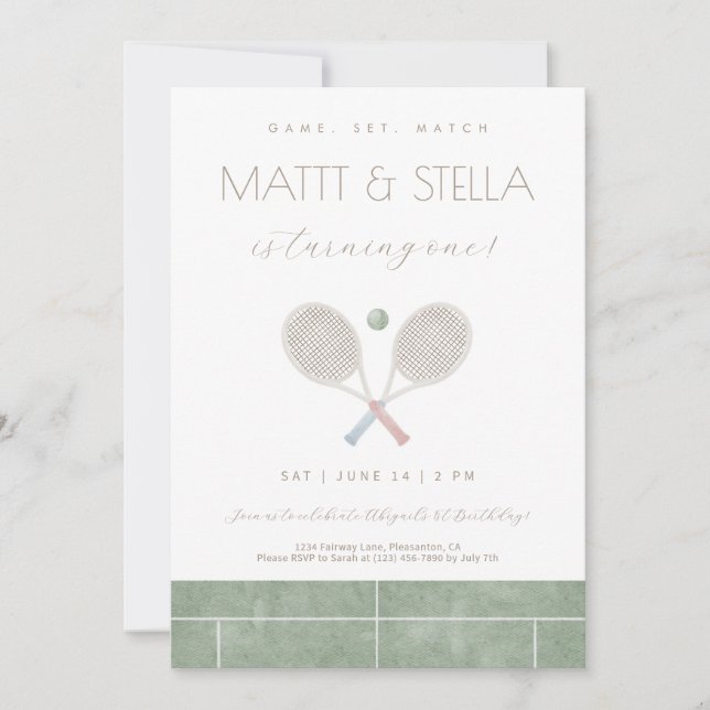 Game Set Match Tennis Twin First Birthday invite (Front)