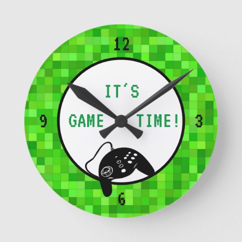 Game Time  Green Gamer Pixels Round Clock