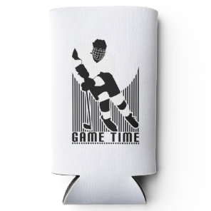 Game Time Hockey Player Black White Athletic Sport Seltzer Can Cooler