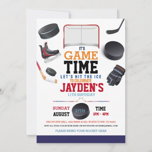 Game Time Ice Hockey Sports Birthday  Invitation