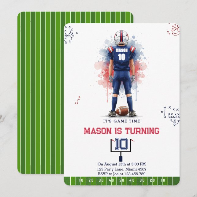 Game Time Watercolor Football Boy Birthday Invitation (Front/Back)