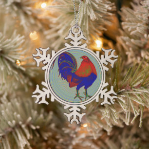 Gamecock: Impressionist Rooster Snowflake Pewter Christmas Ornament